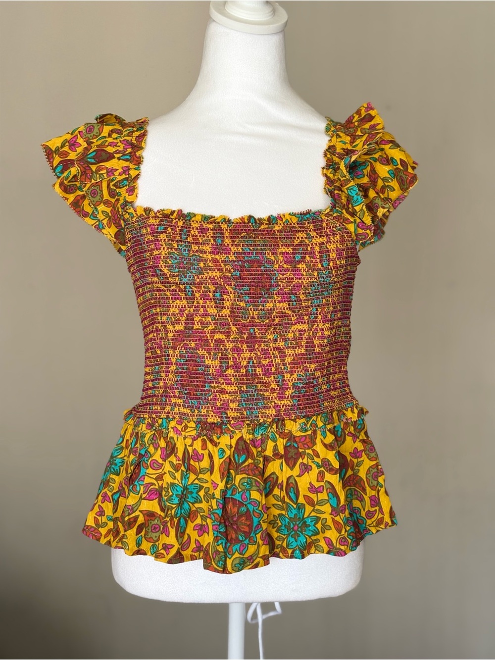 House of Harlow 1960 Mustard Floral Smocked Peplum Crop Top with Ruffle Straps